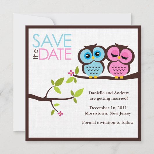 Blaue und rosa Eulenhochzeit Save The Date (Vorderseite)