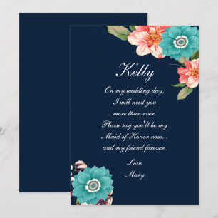 Blaue und rosa florale botanische Maid of Honor Einladung