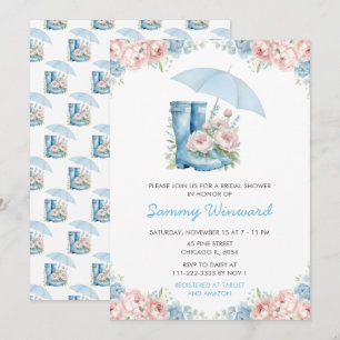 Blaue und rosa florale Regenschirm-Brautparty Einladung