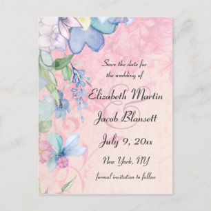 Blaue und rosa florale Save-the-Date-Karte Einladungspostkarte