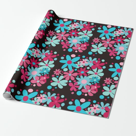 Blaue und rosa funkige Blume Geschenkpapier (Ungerollt)