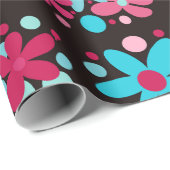 Blaue und rosa funkige Blume Geschenkpapier (Rolleneckpunkt)