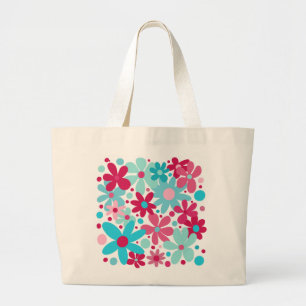 Blaue und rosa funky Blume Tote Tasche. Jumbo Stoffbeutel
