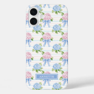 Blaue und rosa Hortensien gestreift iPhone 16 Plus Hülle