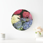 Blaue und rosa Hydrangea Digitale Blume Große Wanduhr (Zuhause)