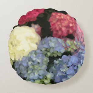 Blaue und rosa Hydrangea Digitale Blume Rundes Kissen