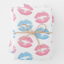 Blaue und rosa Lippenmuster, Lipstick, Kiss Geschenkpapier Set