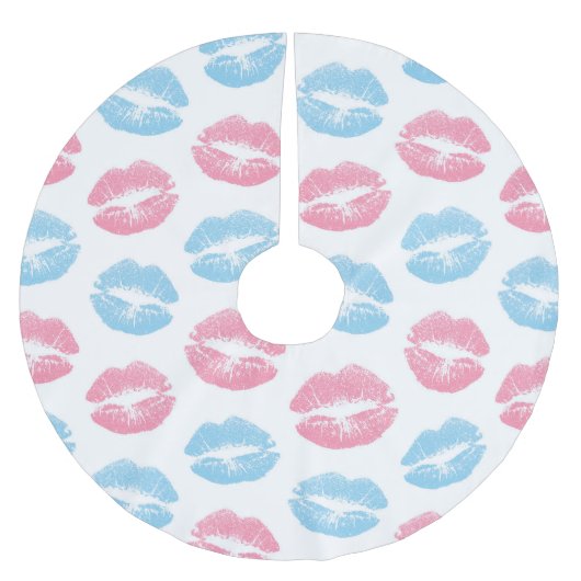Blaue und rosa Lippenmuster, Lipstick, Kiss Polyester Weihnachtsbaumdecke (Vorderseite)