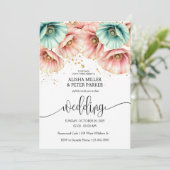 Blaue und rosa Mohnfarben Einladung Hochzeitsfeier (Stehend Vorderseite)