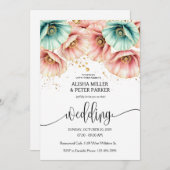 Blaue und rosa Mohnfarben Einladung Hochzeitsfeier (Vorne/Hinten)