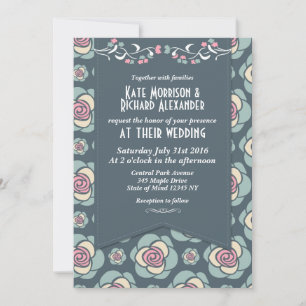 Blaue und rosa Rosen-Hochzeitseinladung Einladung