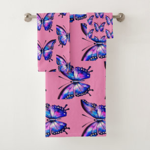 Blaue und rosa Schmetterling Badhandtuch Set