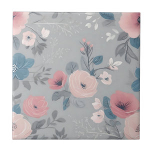 Blaue und rosa Vintage-Blumen auf hellgrauem Hinte Fliese