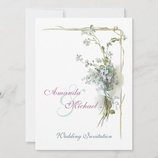 Blaue und rosa Vintage wedding Blumen Einladung (Vorderseite)