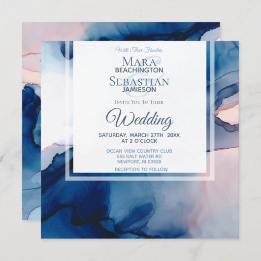 ~ Blaue und rosa Wasserfarbe Elegant Trendy Weddin Einladung (Vorne/Hinten)