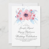 Blaue und rosa Wasserfarben Blumenzehen Einladung (Vorderseite)