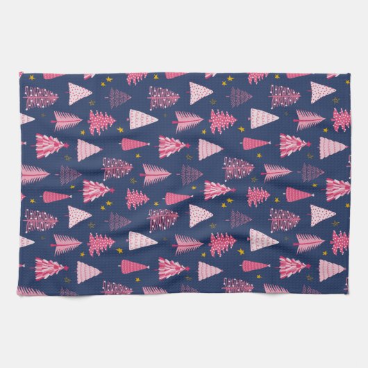 Blaue und rosa Weihnachtsbaummuster Geschirrtuch (Horizontal)
