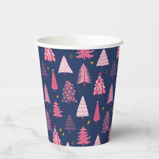 Blaue und rosa Weihnachtsbaummuster Pappbecher (Links)