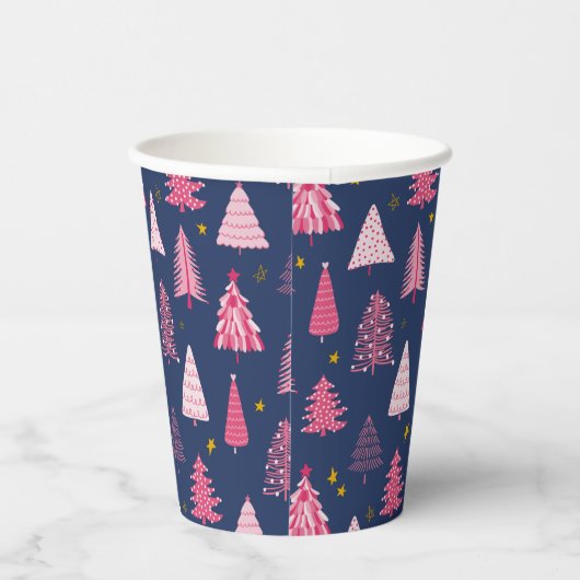 Blaue und rosa Weihnachtsbaummuster Pappbecher (Rechts)