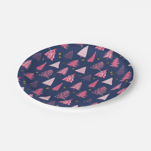 Blaue und rosa Weihnachtsbaummuster Pappteller (Schrägansicht)
