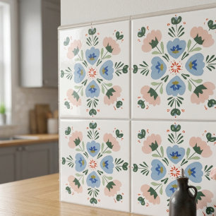 Blaue und rosafarbene florale Volkskunst-Dekorativ Fliese