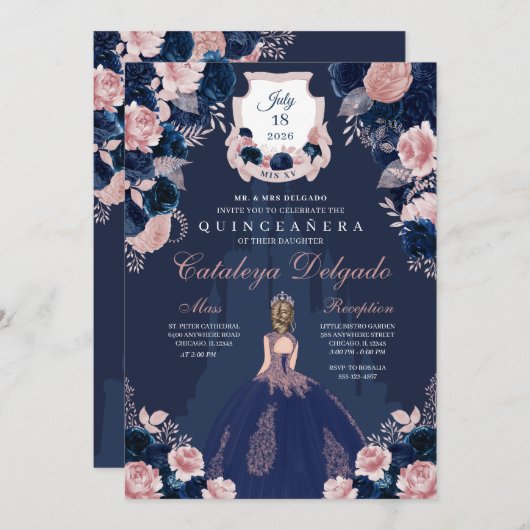 Blaue und rosafarbene Prinzessin Burg Quinceañera Einladung (Vorne/Hinten)
