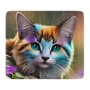 blaue und rostfarbene Dreifarbenkatze und Blumen Schneidebrett