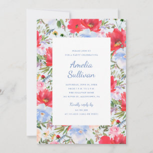 Blaue und rote Aquarell-Blumenparty-Einladung Einladung