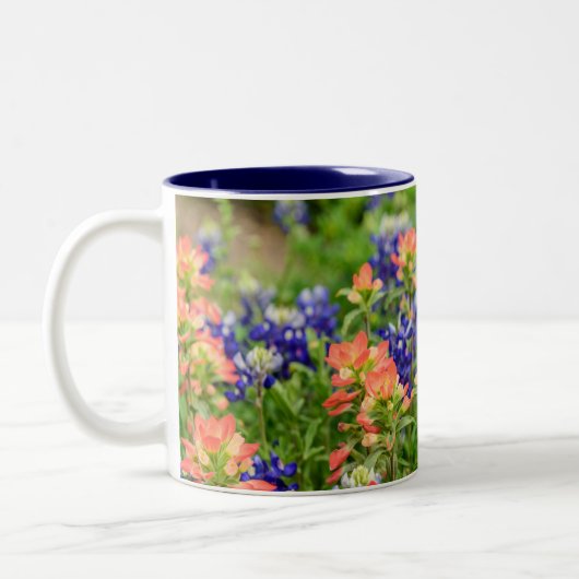 Blaue und rote Bluebonetze und Pinsel für Wildblum Zweifarbige Tasse (Links)