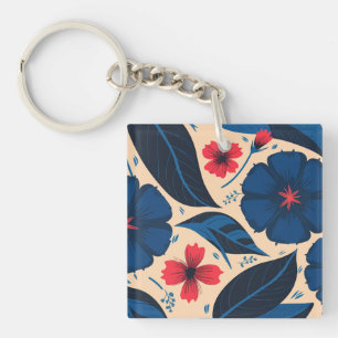 Blaue und rote Blume mit dunkelblauen Blätter Schlüsselanhänger