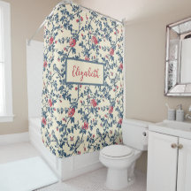 Blaue und rote Blumige Toile de Jouy und Vögel