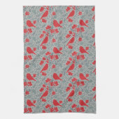 Blaue und rote Ditzy Floral Birds Geschirrtuch (Vertikal)