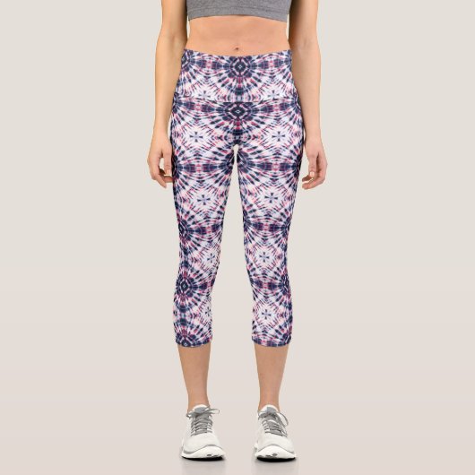 Blaue und rote Gefärbte Krawatte Capri Leggings (Vorderseite)