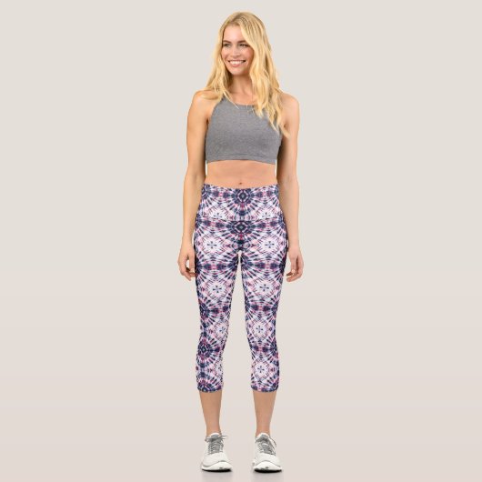 Blaue und rote Gefärbte Krawatte Capri Leggings (Vorderseite)