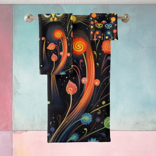 Blaue und rote Katzen Badhandtuch Set