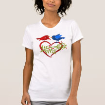 Blaue und rote Liebesvögel mit Herz