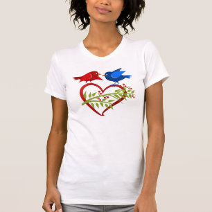 Blaue und rote Liebesvögel mit Herz T-Shirt