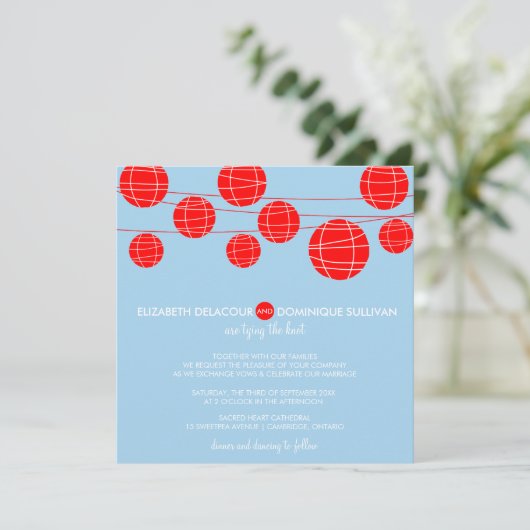 Blaue und rote Papierröhren zum Hochzeitsempfang Einladung (Stehend Vorderseite)