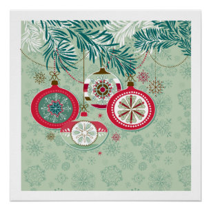 Blaue und rote Retro-Weihnachtsdekorationen Poster