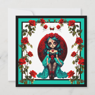 Blaue und Rote Rosen Zucker-Schädel Feiertagskarte