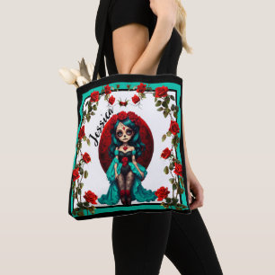 Blaue und Rote Rosen Zucker-Schädel Tasche