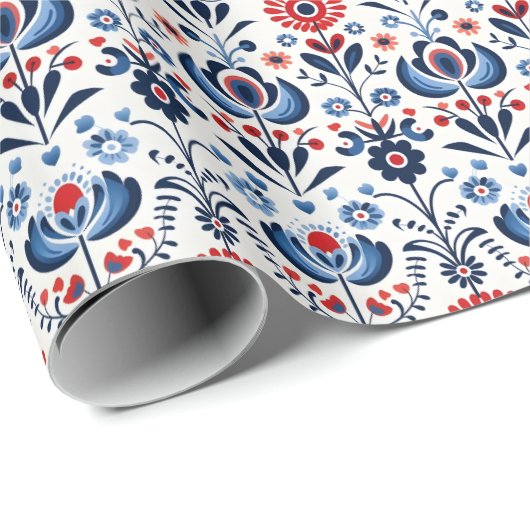Blaue und rote skandinavische Folkloregation Geschenkpapier (Rolleneckpunkt)