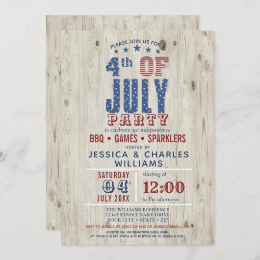 Blaue und rote Sterne und Streifen rustikal | 4. J Einladung (Vorne/Hinten)