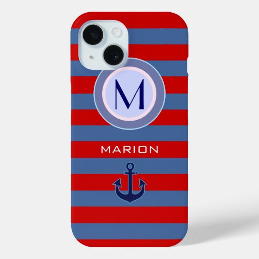 Blaue und rote Streifen und Mit Monogramm Anker Case-Mate iPhone Hülle (Rückseite)
