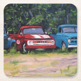 Blaue und rote Vintage Lastkraftwagen, Ölgemälde Rechteckiger Pappuntersetzer