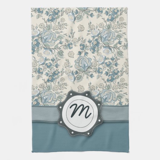 Blaue und SahneRosen mit Monogramm Handtuch (Vertikal)