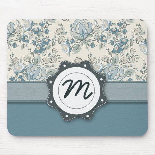 Blaue und SahneRosen mit Monogramm Mousepad (Vorne)