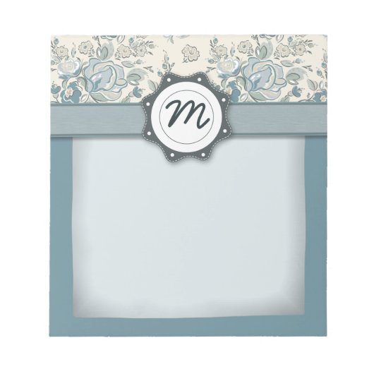 Blaue und SahneRosen mit Monogramm Notizblock (Vorderseite)