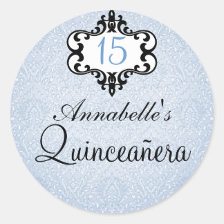 Blaue und schwarze elegante Damast-Quinceañera-Auf Runder Aufkleber