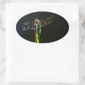 Blaue und schwarze Libelle auf grünem und rotem Gr Ovaler Aufkleber (Tasche)